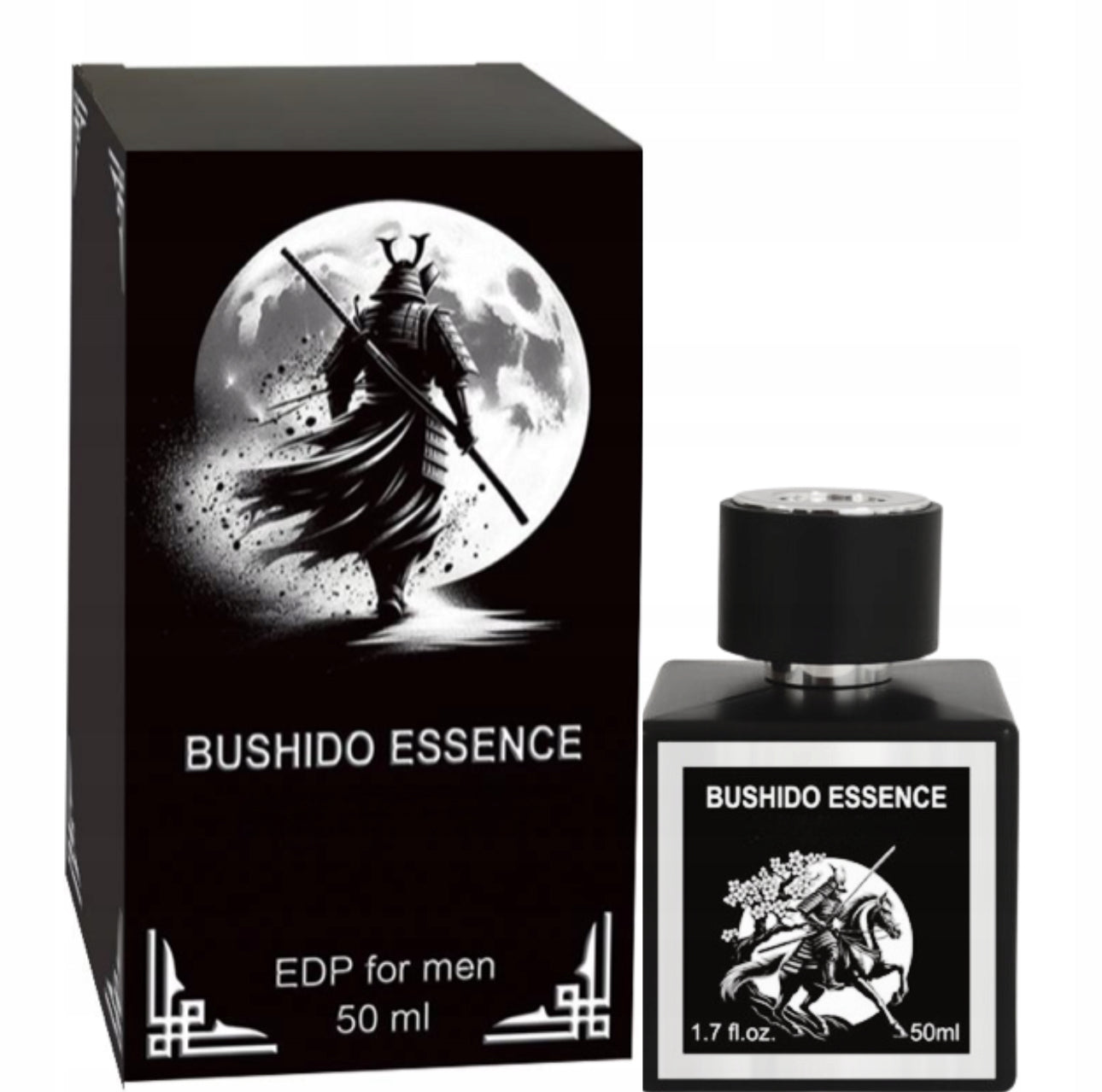 Bushido Essence Eau de Parfum for menn – 50 ml. Elegant svart flaske med sølvdetaljer, inspirert av samuraienes styrke. Orientalsk krydret duft med noter av svart pepper, sedertre, vetiver og ambra. Perfekt for stilfulle og selvsikre menn.