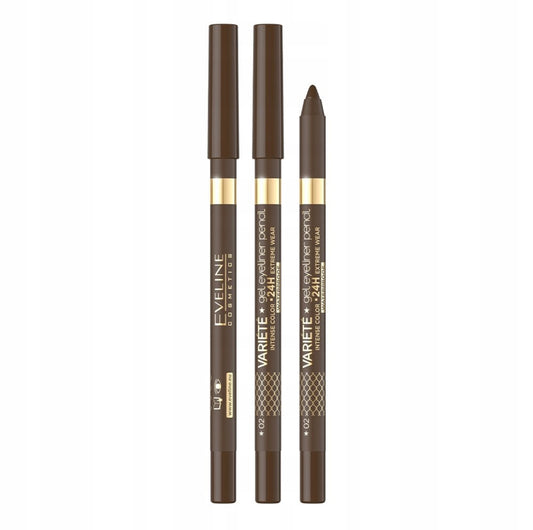 Eveline Cosmetics Variete Gel Eyeliner Pencil 02 – brun, vannfast eyeliner med myk gel-formel. Langvarig hold opptil 24 timer, smudge-proof og vegansk. Perfekt for presis påføring og smokey eyes.