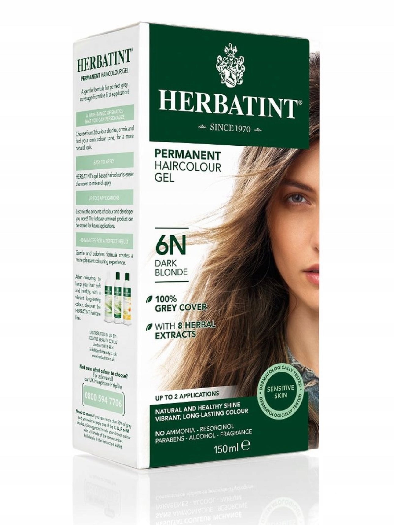 HERBATINT 6N MØRK BLOND – 150ML | NATURLIG PERMANENT HÅRFARGE UTEN AMMONIAKK
Mild hårfarge med 100 % gråhårsdekning, beriket med 8 urteekstrakter for skånsom farging og pleie. Fri for ammoniakk, alkohol og parabener. 150 ml – nok til 2 påføringer. Perfekt for en naturlig mørk blond nyanse med langvarig glans.