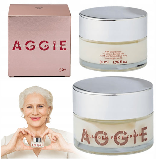 AGGIE Kollagen Ansiktskrem 50+ | 50 ml | Anti-age dag- og nattkrem for moden hud | Inneholder kollagen, hyaluronsyre og vitamin E | Intens fuktighet og oppstramming | Elegant glasskrukke med sølvfarget lokk.