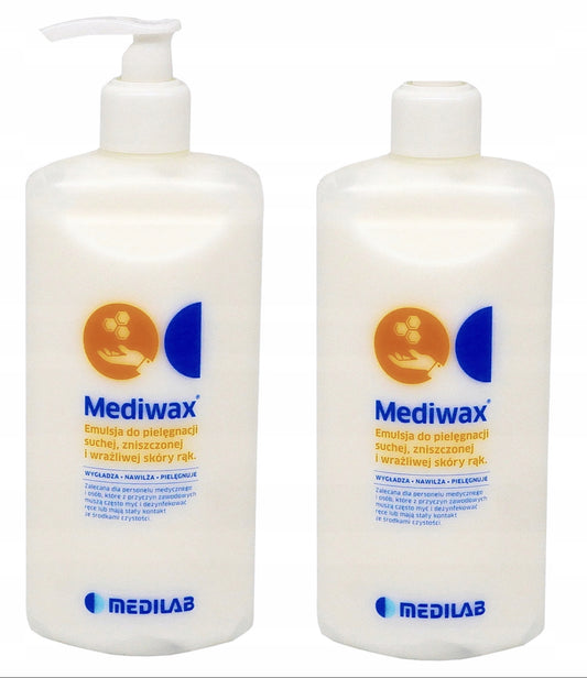 Mediwax håndkrem 500ml – 2-pack med pumpe | Hvit fuktighetskrem for tørre og sensitive hender | Beriket med bivoks, kollagen og hyaluronsyre | Ideell for helsepersonell og hyppig håndvask | Dermatologisk testet | Raskt absorberende og uten fet følelse.