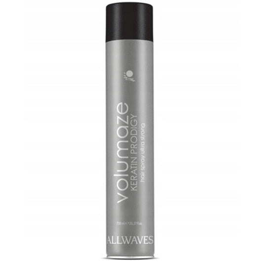 Allwaves Volumaze Keratin Prodigy Ultra Strong Hairspray – 750 ml profesjonell hårspray med keratin, ekstra sterkt hold, volumgivende formel og glansforsterkende effekt. Perfekt for alle hårtyper, beskytter mot frizz og gir langvarig styling.