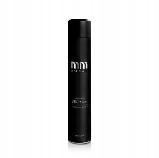 MAGMARI Sena Santo Ultra Strong Hairspray 750 ml – Profesjonell hårspray i sort design, gir ekstra sterkt hold uten å tynge håret. Langvarig hold, UV-beskyttelse, og antistatisk effekt for alle hårtyper. Perfekt for styling med volum og fleksibilitet.