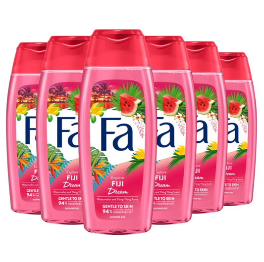 Fa Fiji Dream dusjgelé 400 ml – tropisk duft av vannmelon og ylang-ylang. Rosa vegansk dusjsåpe med 94 % naturlige ingredienser. Fuktighetsgivende og skånsom for huden.