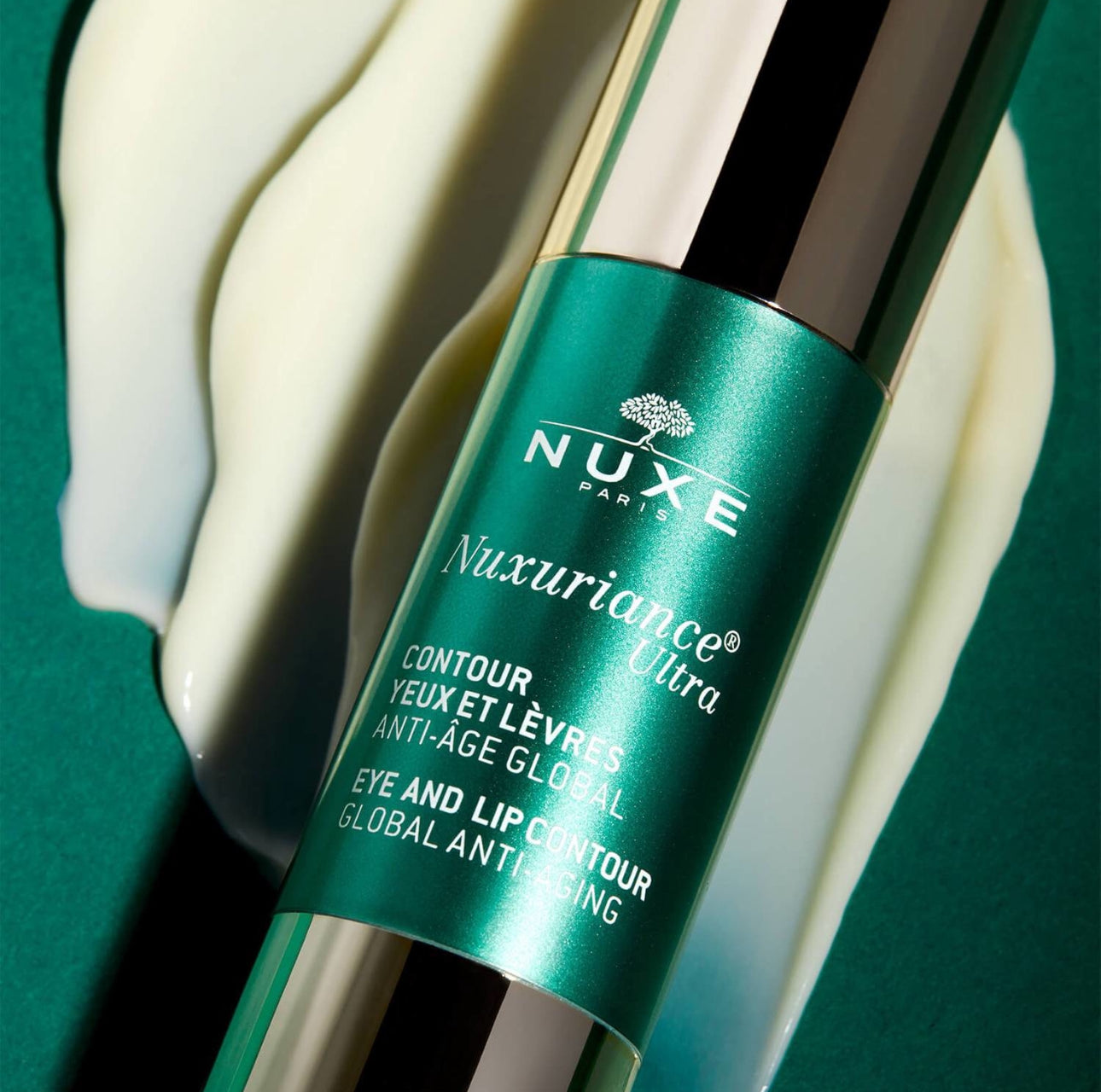 NUXE Nuxuriance Ultra Øye- og Leppekrem, 15 ml – luksuriøs anti-age krem med plantebaserte aktive ingredienser som safran og bugenvillablomst. Strammer opp, reduserer rynker og gir intens fuktighet. Perfekt for moden hud.