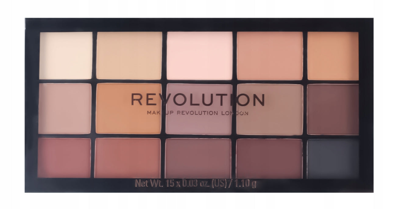 Makeup Revolution Reloaded Basic Mattes øyenskyggepalett – 15 matte nyanser i naturlige og varme toner. Perfekt for hverdags- og smokey eye-look. Høypigmentert, lett å blende og langvarig formula. Vekt: 15 x 1,1 g.