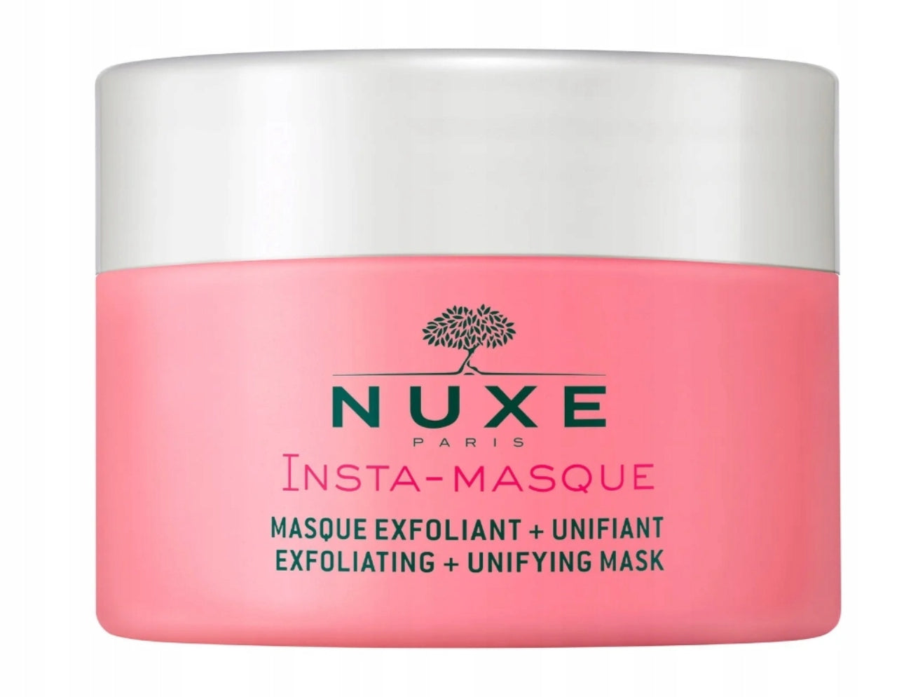 NUXE Insta-Masque Eksfolierende & Utjevnende Ansiktsmaske, 50 ml – Rosa maske med naturlige ingredienser som makadamiaolje, rosevann og krystallisert silika. Skånsom peeling for jevnere hudtone og glød. Passer alle hudtyper, inkludert sensitiv hud.