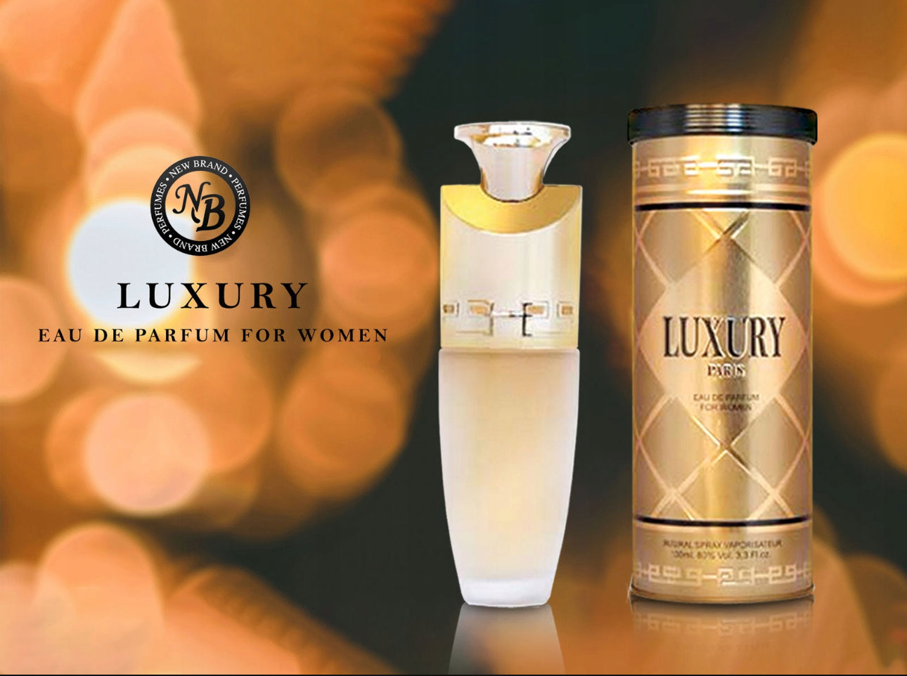 Luxury Paris Eau de Parfum 100 ml – Elegant dameparfyme i gullfarget flakong med luksuriøst design. Inneholder sensuelle noter av jasmin, sandeltre, sedertre og freesia. Perfekt for hverdagsbruk og spesielle anledninger.