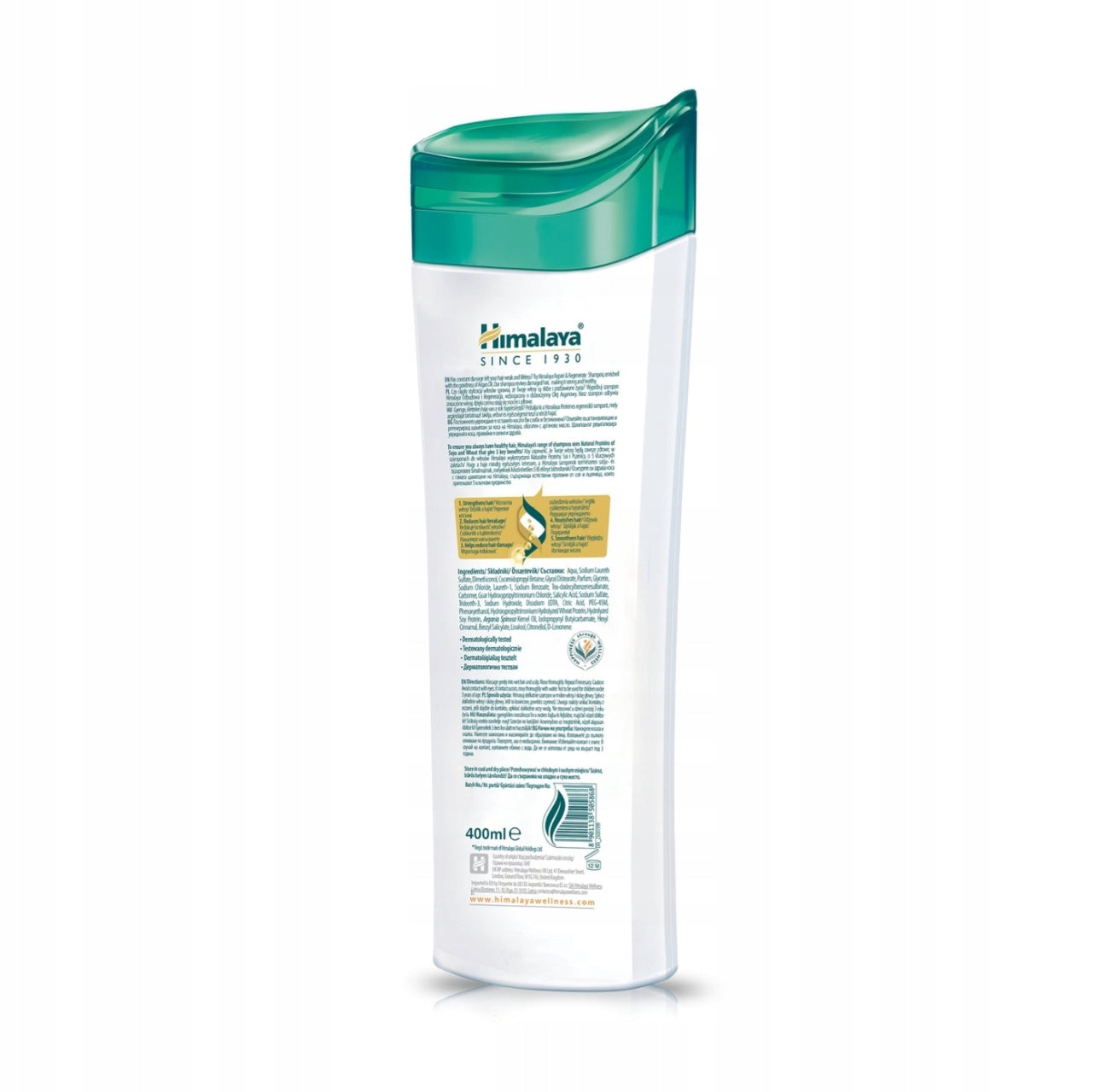 Himalaya Repair & Regenerate Sjampo 400 ml – Naturlig hårpleie med arganolje og proteiner fra soya og hvete. Perfekt for tørt, skadet og behandlet hår. Gir næring, styrker og gjenoppbygger håret. Dermatologisk testet.