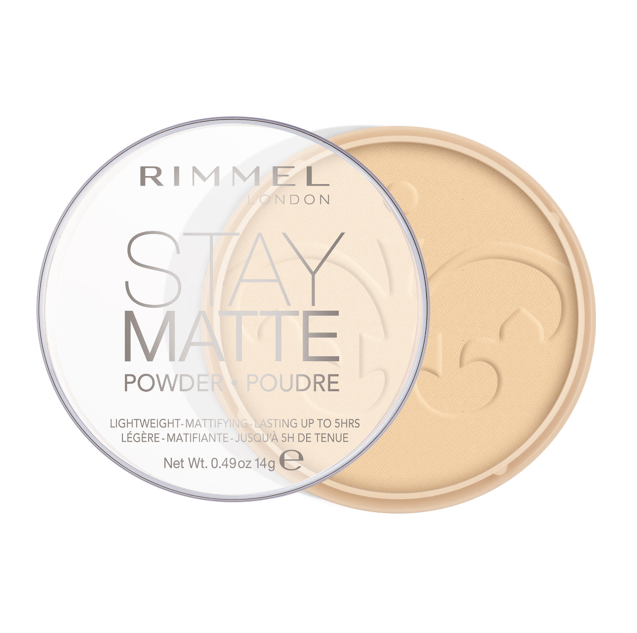 Rimmel Stay Matte Pudder 001 Transparent – mattende kompakt pudder med naturlige mineraler. Gir langvarig matt finish, reduserer synlige porer og kontrollerer olje. Lettvektig formel, passer for alle hudtyper. Størrelse: 14g.