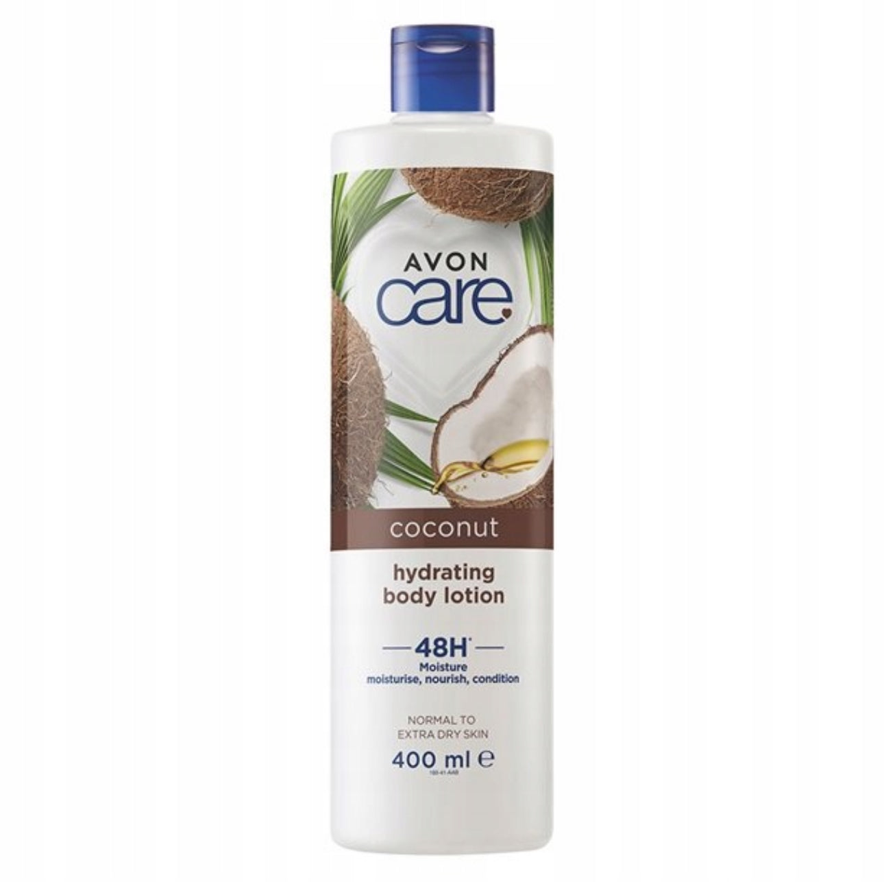 Avon Care fuktighetsgivende kroppslotion med kokosolje, 400 ml. Hvit flaske med blå kork, inneholder naturlige ingredienser som kokosolje og vitamin E. Gir intens fuktighet i opptil 48 timer, perfekt for normal til tørr hud. Raskt absorberende formel.