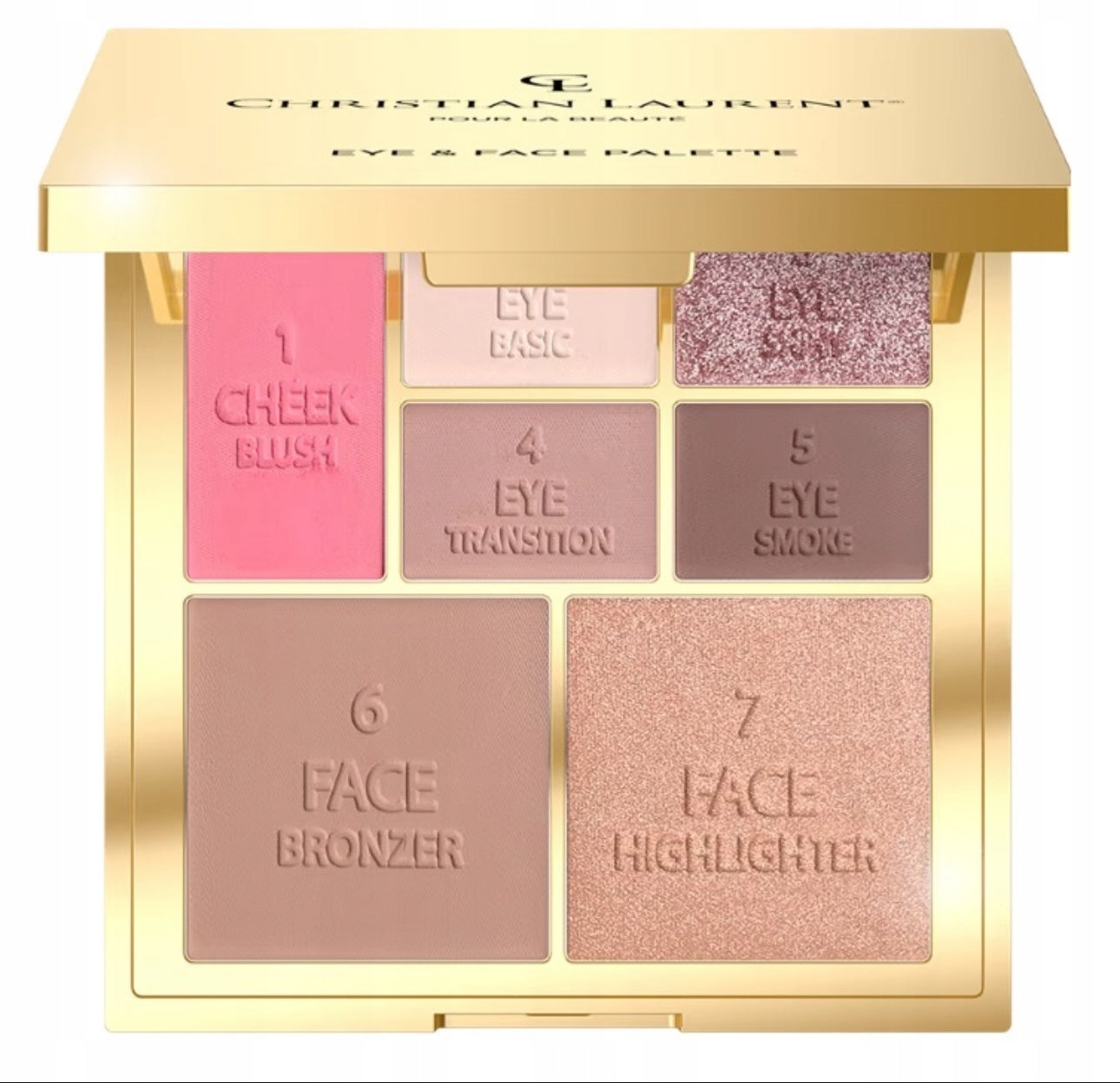 Christian Laurent Pour La Beauté Eye & Face Palette – luksuriøs sminkepalett i gullfarget etui med 7 høypigmenterte nyanser. Inkluderer blush, bronzer, highlighter og øyenskygger i både matte og skimrende toner. Perfekt for konturering og naturlig glød. Størrelse: kompakt, med speil – ideell for både hverdags- og festsminke.