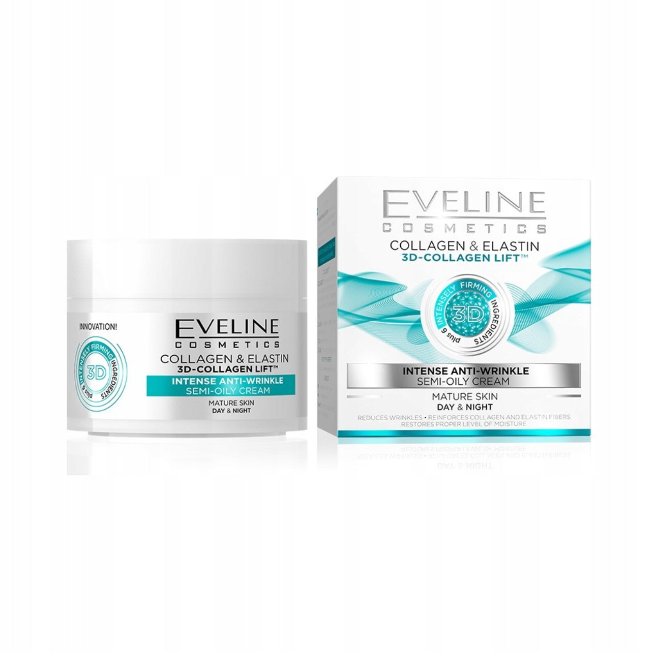 Eveline Collagen & Elastin 3D Lift anti-rynke krem 50 ml – intensiv dag- og nattkrem for moden hud. Inneholder kollagen, elastin og hyaluronsyre for fasthet, fuktighet og reduksjon av rynker. Passer for alle hudtyper. Elegant hvit krukke med sølvlokk.