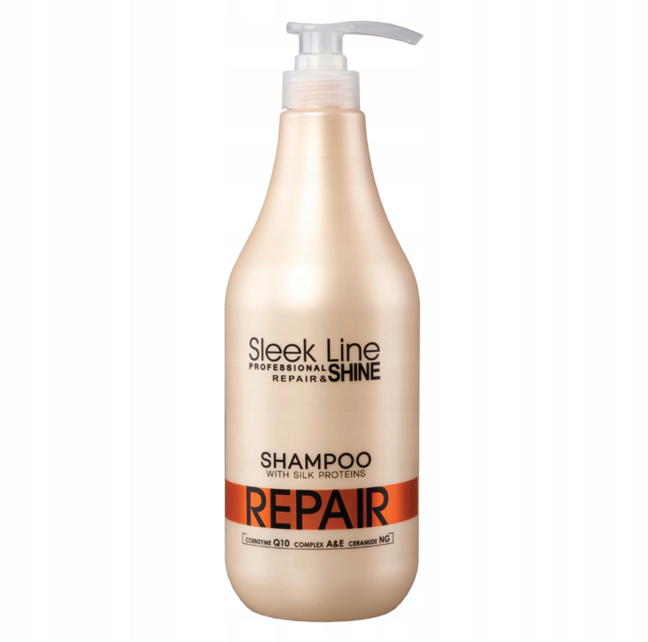 Sleek Line Repair Shampoo & Balsam 1L – profesjonell hårpleie for skadet og tørt hår. Inneholder silkeproteiner, Q10-koenzym og vitaminkompleks A&E for dypt nærende og glansgivende effekt. Størrelse: 1000 ml per flaske. Perfekt for farget og behandlet hår.