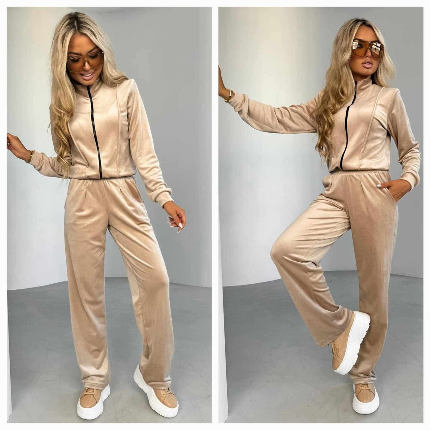 Velur jumpsuit fra La Blanche i beige og sort. Størrelser SM (bryst 100-115 cm, midje 68-90 cm, hofte 110-120 cm) og LXL (bryst 105-130 cm, midje 70-105 cm, hofte 115-130 cm). Myk, elastisk og passer opptil 2XL. Perfekt kombinasjon av komfort og stil.